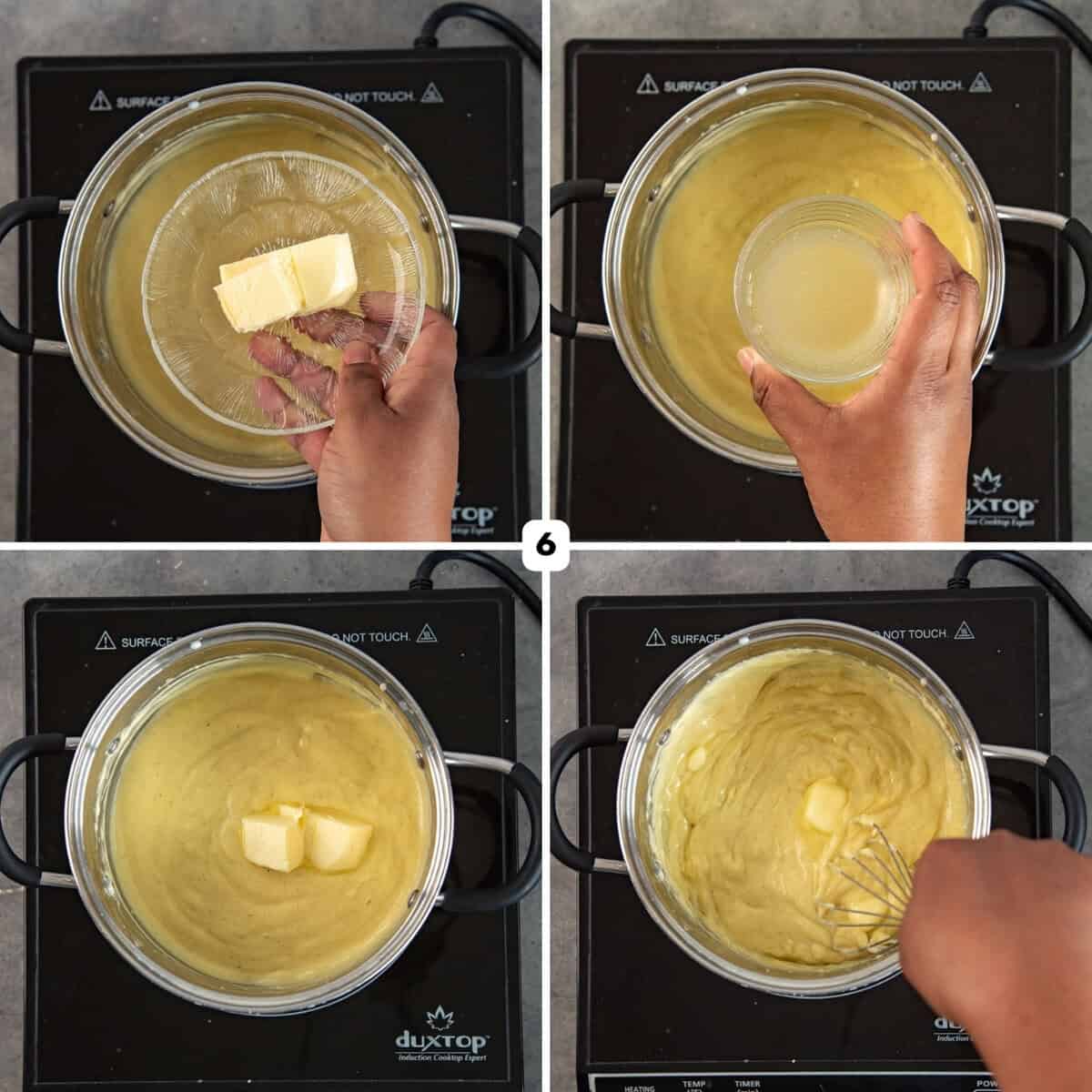 4 image collage showing adding and whisking butter and gelatin to cooked and thickened, hot pastry cream.