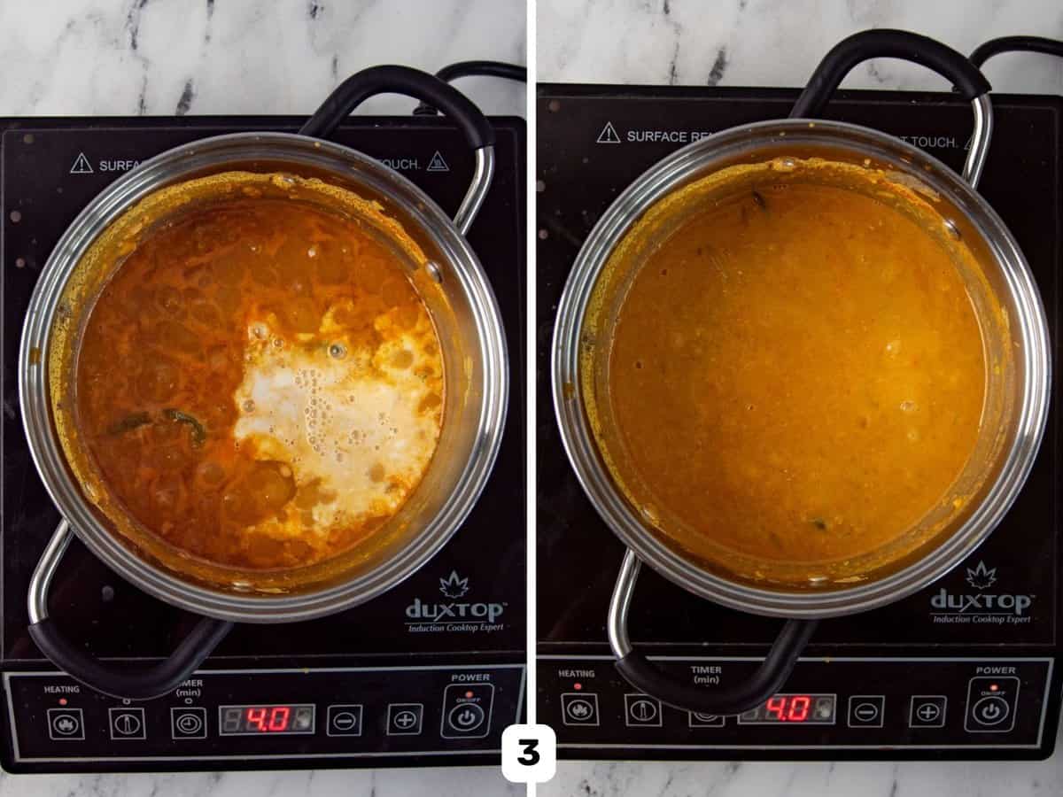 Adding coconut milk to the spiced red lentil curry and stirring it in a saucepan.