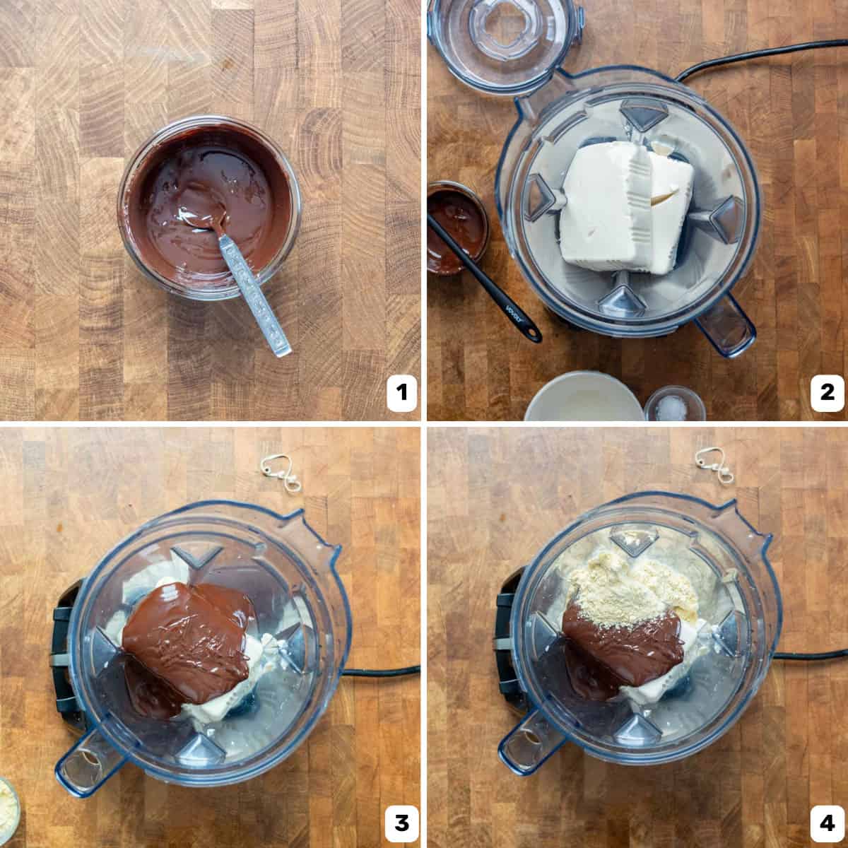 Adding silken tofu, melted chocolate, and protein powder into the blender.
