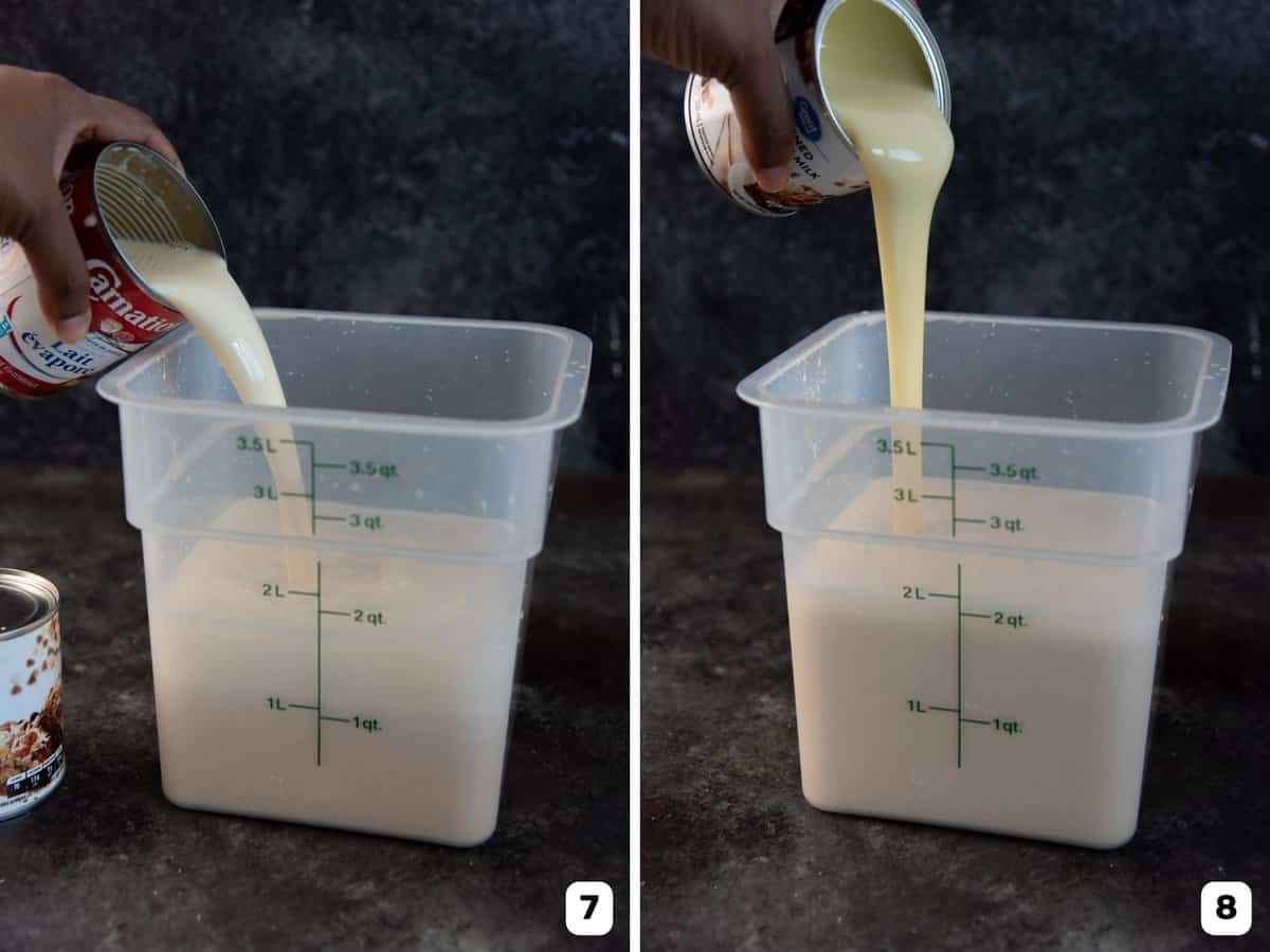 Adding evaporated milk and condensed milk to the blended rice base.