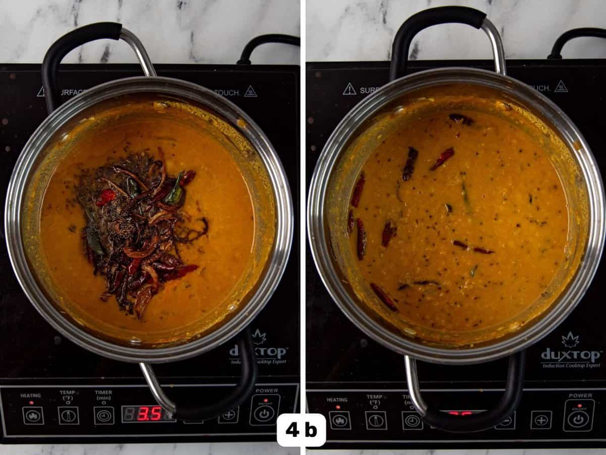 Mixing in tempered spices with the cooked dhal curry in the saucepan.