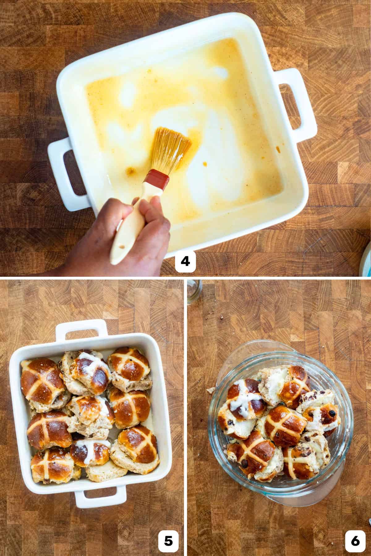 Brushing a white baking dish with butter and then placing hot cross buns in the dish.