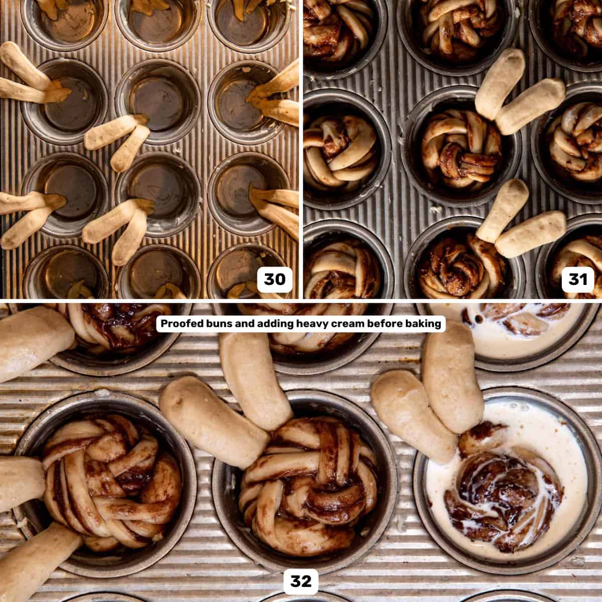 Assembling the bunny faced buns in a muffin pan with bunny ears and the bunny face portions.
