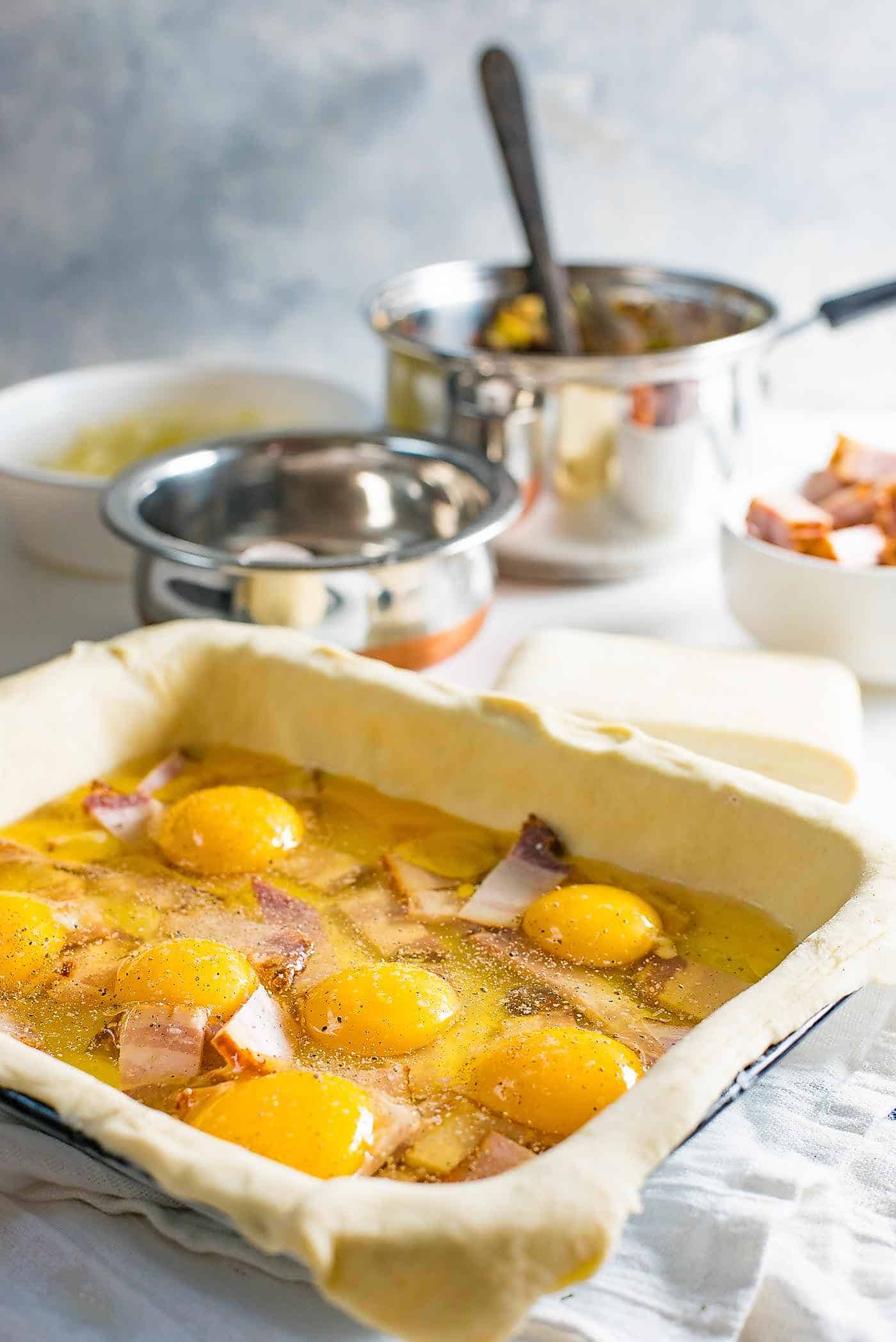 Crack the eggs, straight into the dish. 