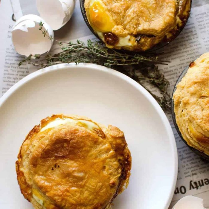 Mushroom, Bacon & Egg Pies - The perfect Breakfast Pie! These can be made ahead of time and frozen and baked when you need them! Delicious and so filling, it's the perfect Breakfast/Brunch (or even lunch or dinner) meal! Can be made with pre made puff pastry, or make your own rough puff pastry.