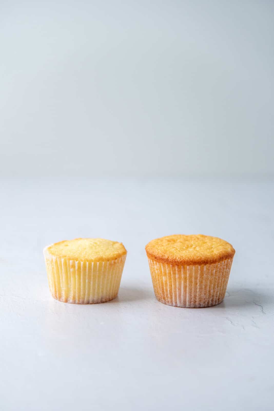Two cupcakes with differing heights and colors to show the difference of leaveners in cakes.