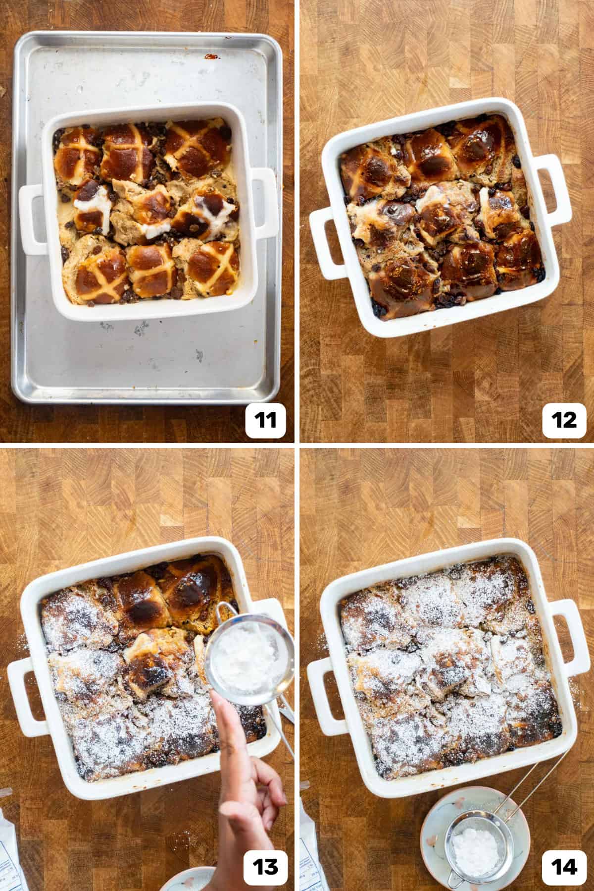 Baking custard soaked hot cross buns in a baking dish, then dusting them with confectioner's sugar after baking.