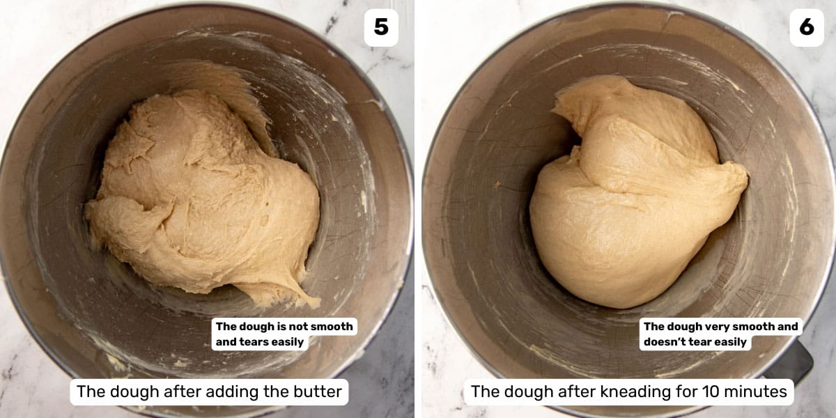 The dough in a mixer bowl before and after kneading to show the change in consistency.