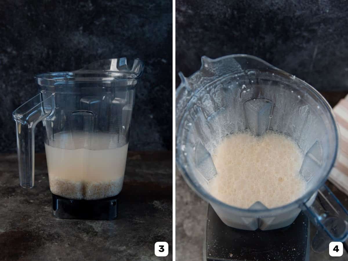 Soaked rice in a blender with water, before and after blending.