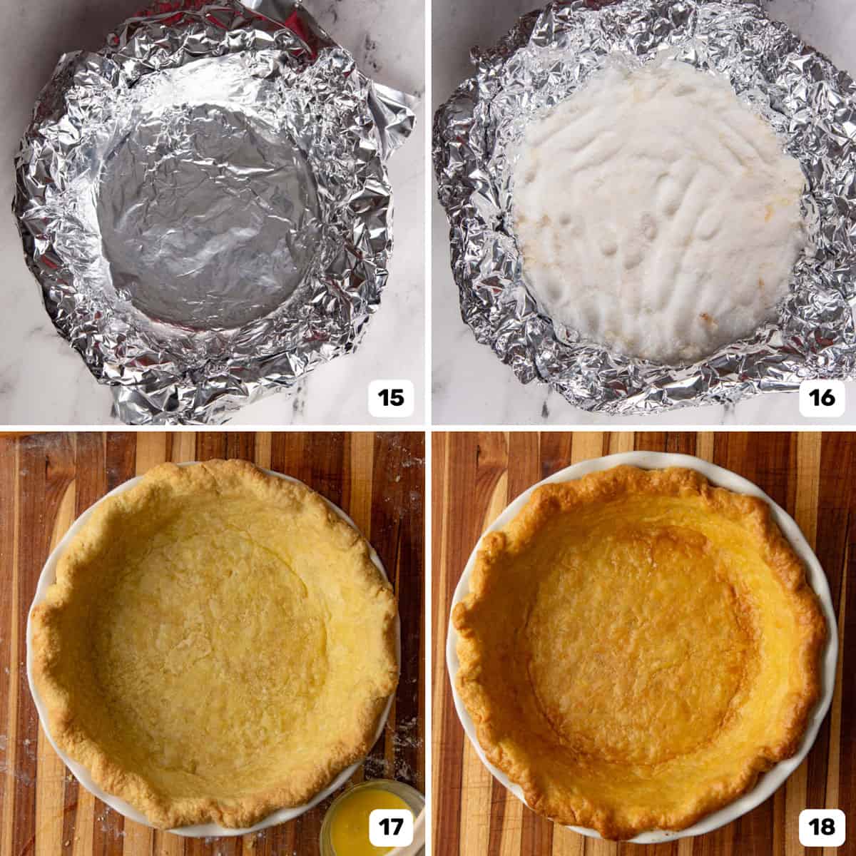 Blind baking pie crust by first lining it with foil and then filling it with sugar.