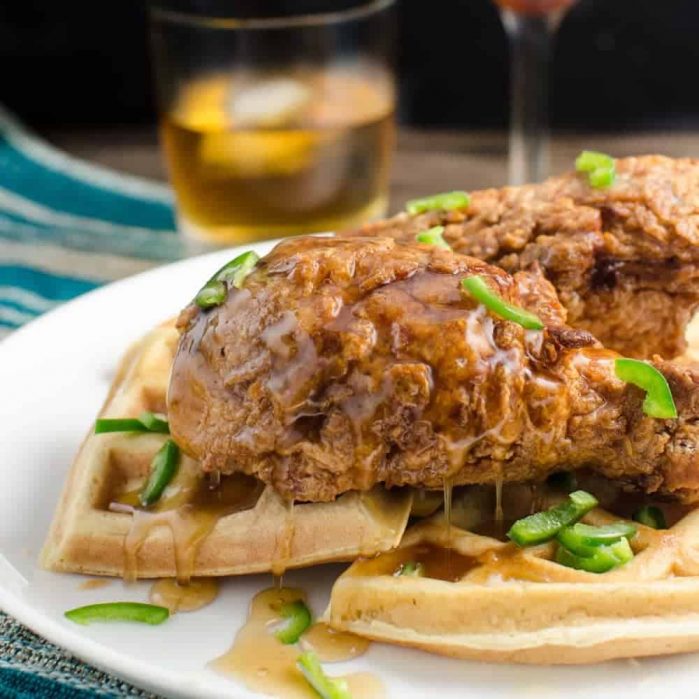 Bloody Mary infused Fried Chicken and Waffles - An Archer inspired breakfast with Crispy Crunchy Fried Chicken Drumsticks infused with all the flavors of a Bloody Mary plus Scotch and extra dose of spice! CLICK for the recipe now, REPIN for later! #TheFlavorBender
