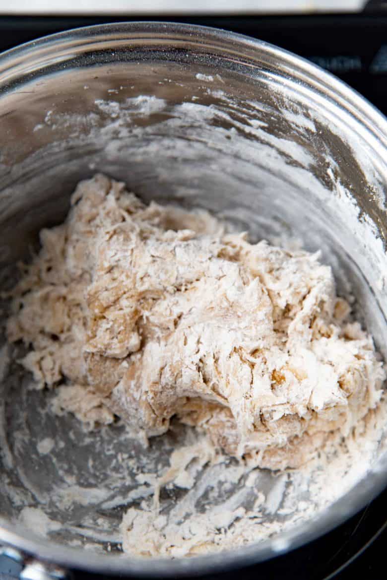 Tapioca starch mixed to form a dough in the saucepan
