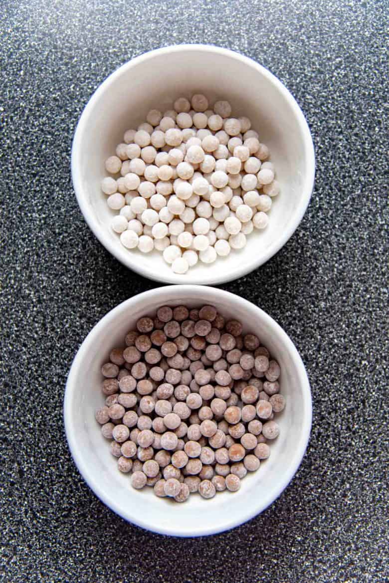 The boba pearls in two separate bowls