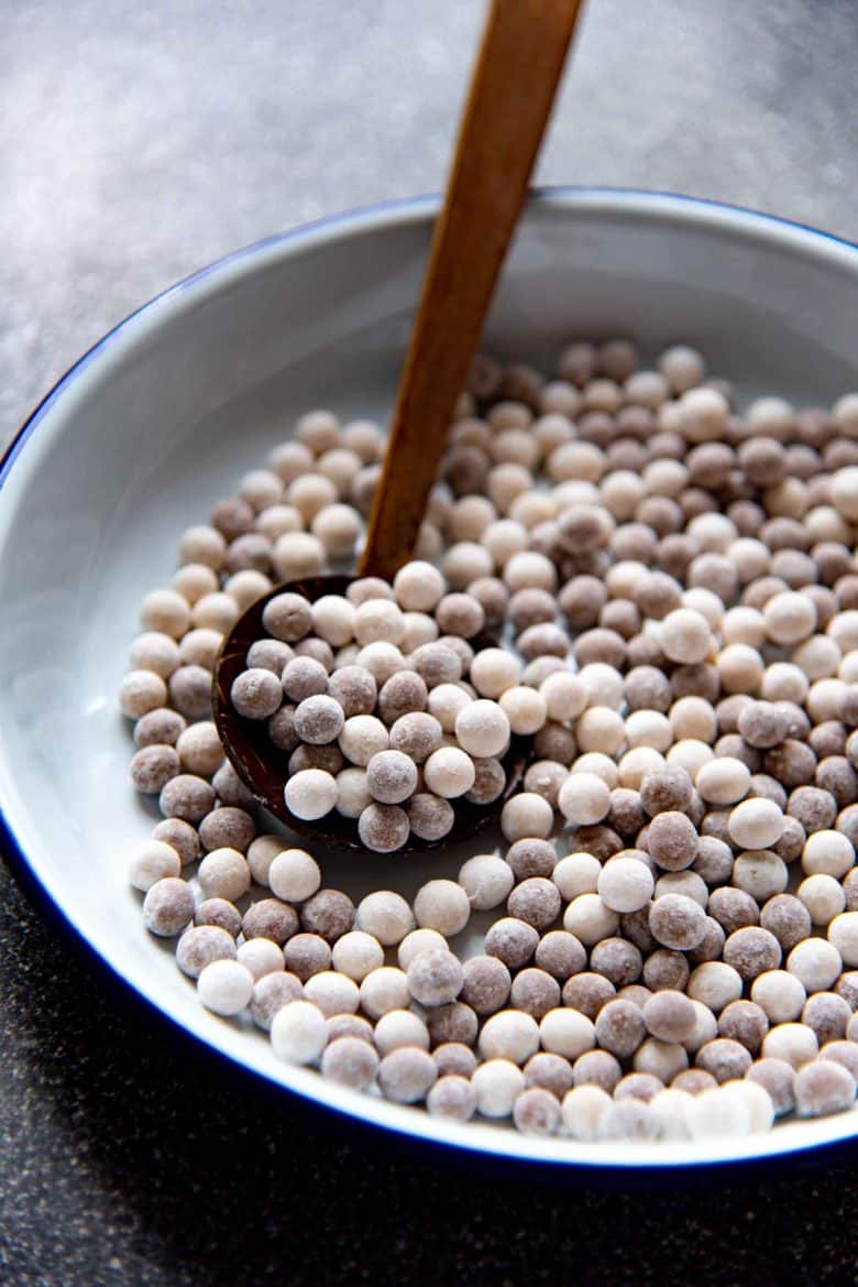 The dried boba pearls on a white plate