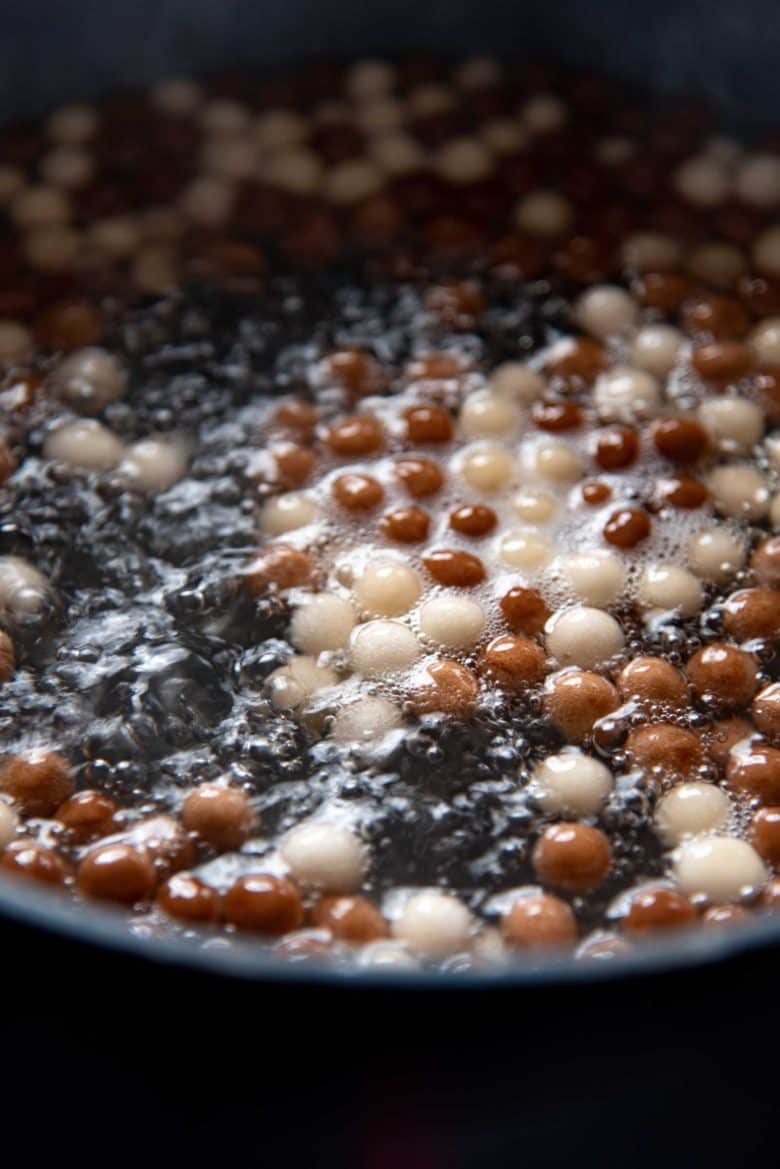 The water boiling with boba pearls