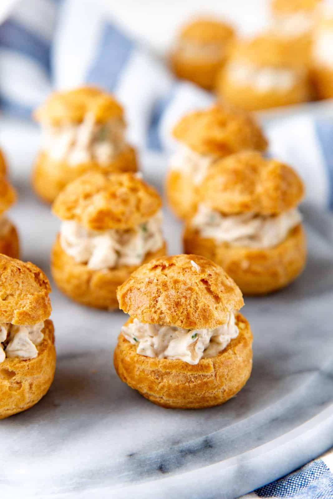 A close up of the chicken boucheese made with choux puffs