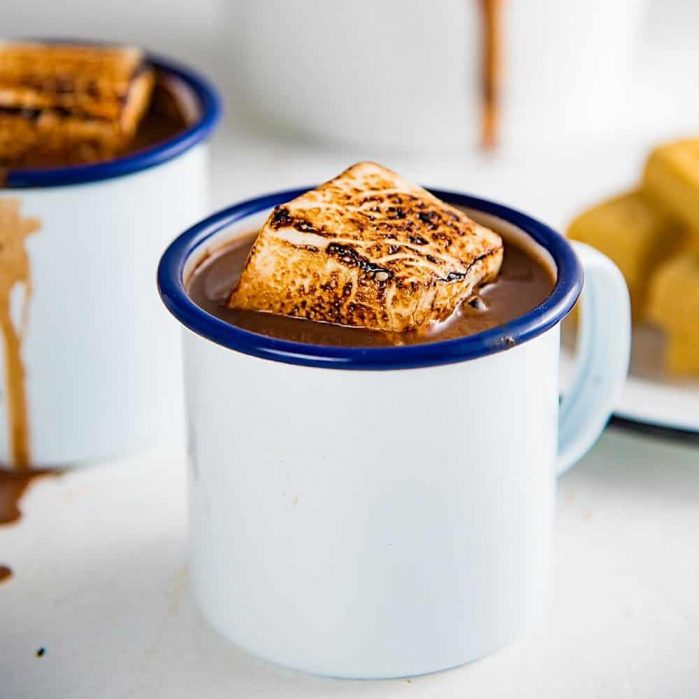 Dairy Free Bourbon Hot Chocolate - a luscious, rich decadent dairy free french hot chocolate with a splash of bourbon to warm you up from the inside! Vegan and dairy free. 