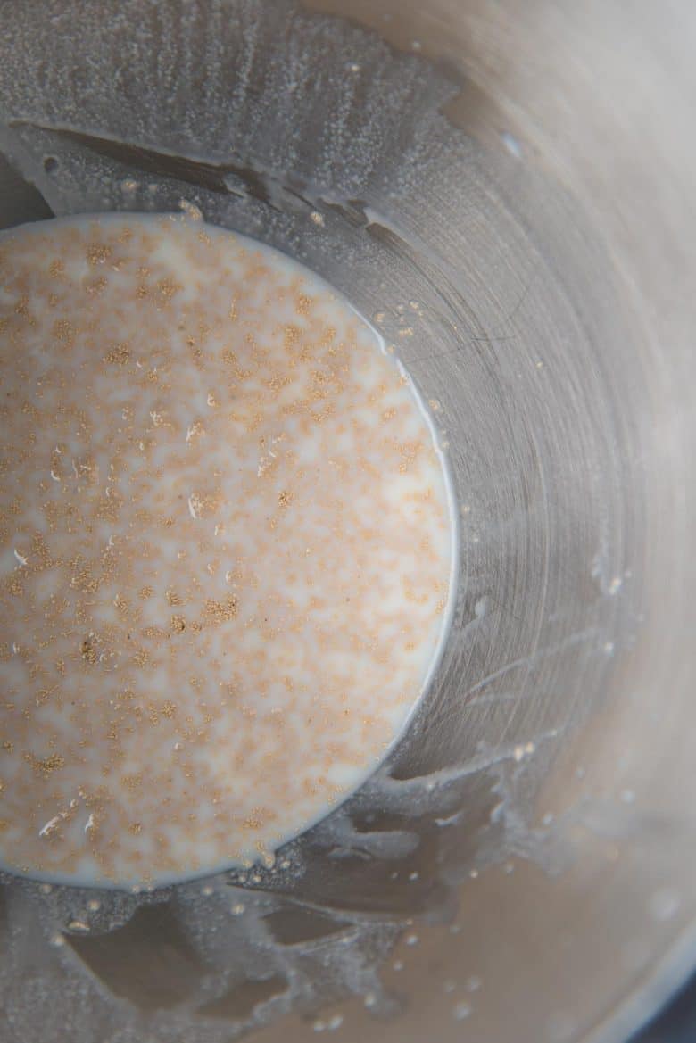 Dissolving yeast in lukewarm milk in the mixer bowl. 