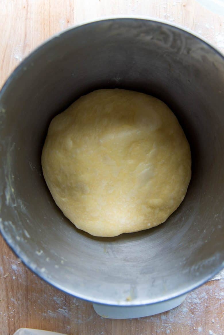 The dough in the mixer bowl before low temperature proofing in the fridge. 
