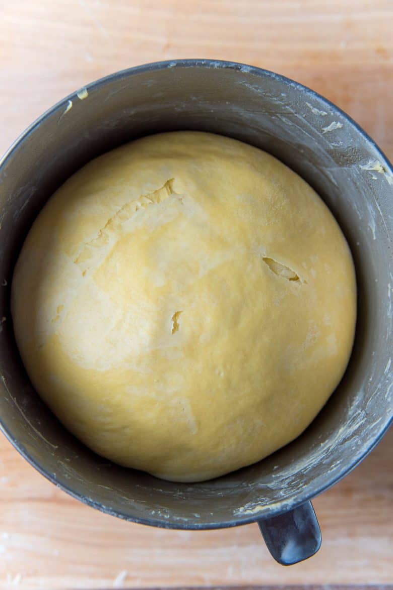 The dough is now bigger in the mixer bowl after low temperature proofing in the fridge.