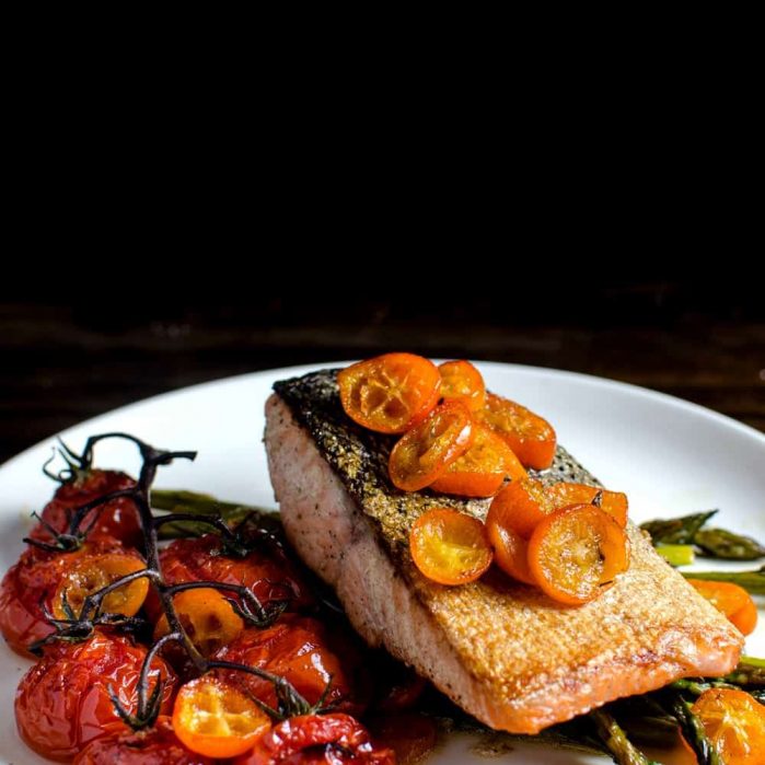 Brown Butter Pan Fried Salmon with Roasted Kumquats and Vegetables - A meal that is ready in 30 minutes and with insane flavours! Perfect for a family meal or for entertaining guests. Flavours so good, they will think you hired a chef.
