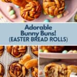 A collage of images showing Easter bunny buns on a plate, in a muffin pan, and cut in half to show the cross section.