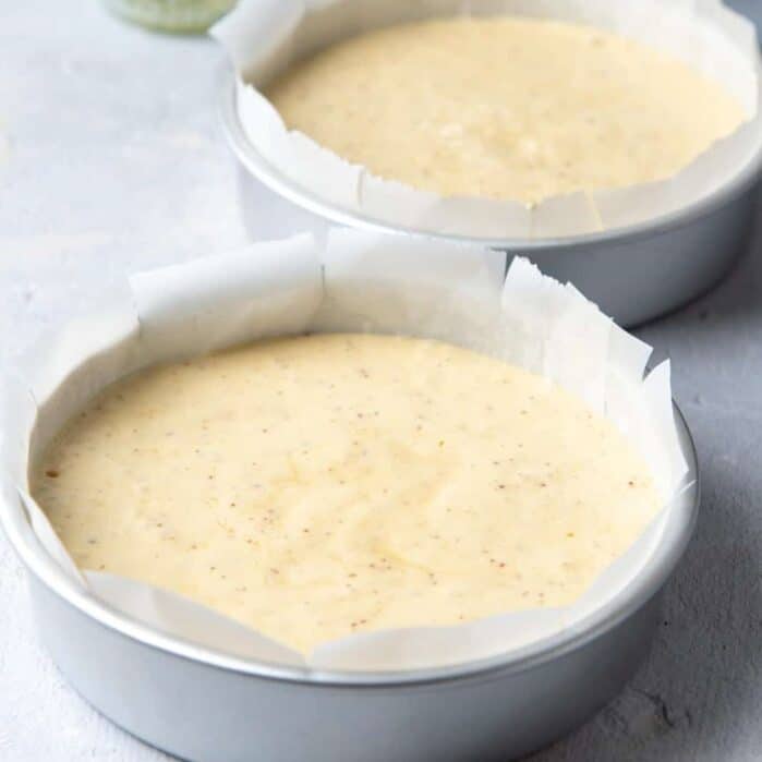 Close up of two round cake pans