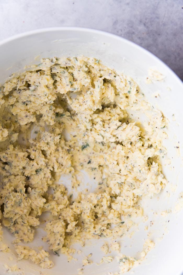 Recipe process for making thyme and cheddar cheese cookies - The butter and cheese mix after being creamed together.