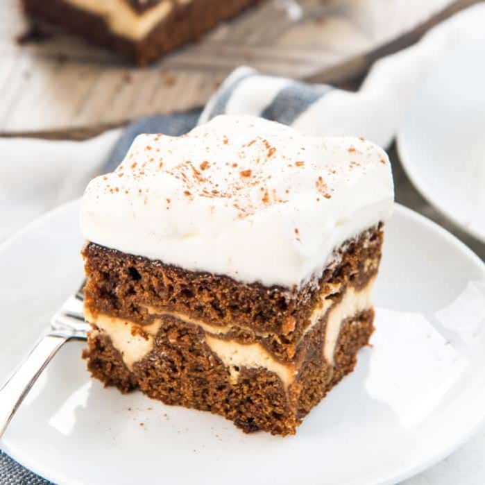Cheesecake Stuffed Gingerbread Cake - Sweet, and spicy gingerbread cake with a fudgy, creamy hidden cheesecake layer inside! A double dessert in one cake that's perfect for the holidays.