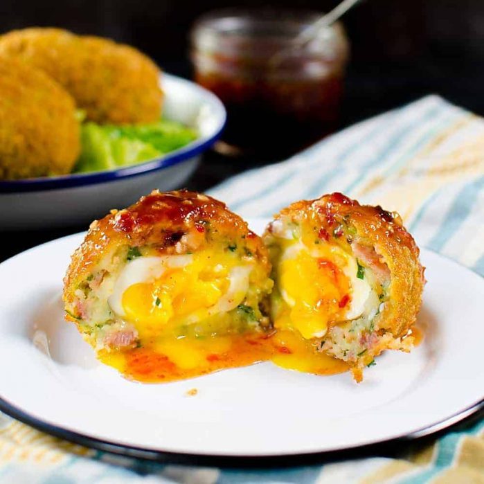 Cheesy Potato & Bacon Scotch Eggs. Extra special Breakfast Scotch eggs with Cheese, Potato, Bacon! Perfect Brunch or Breakfast Eggs.