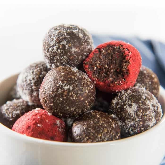 Chocolate Chia Bliss Balls - fudgy, chocolatey and insanely delicious AND they're healthy, vegan, and paleo too! Just FOUR ingredients and a few minutes to make these treats your family will love!