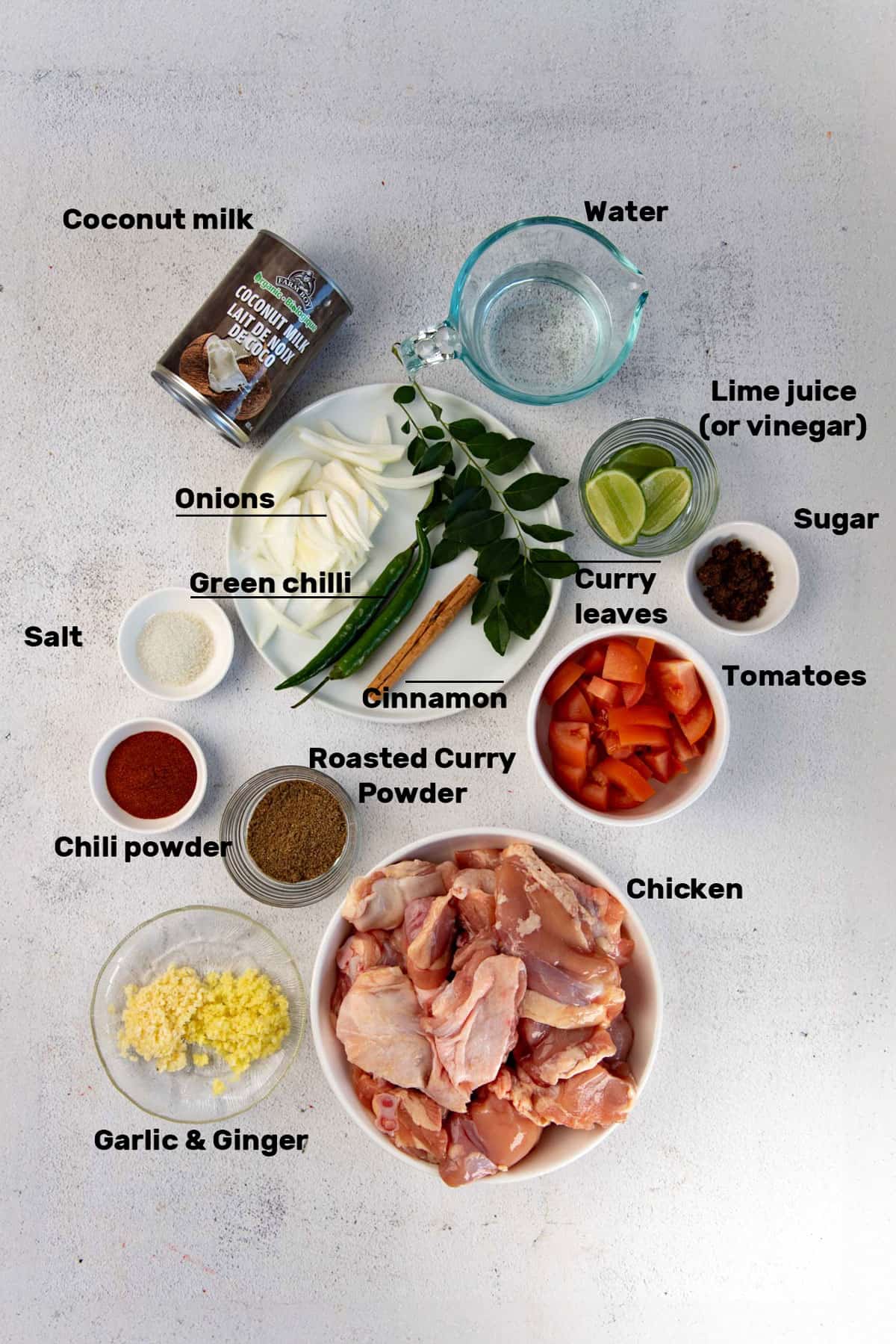 Labeled photo of ingredients needed to make an authentic Chicken curry. 