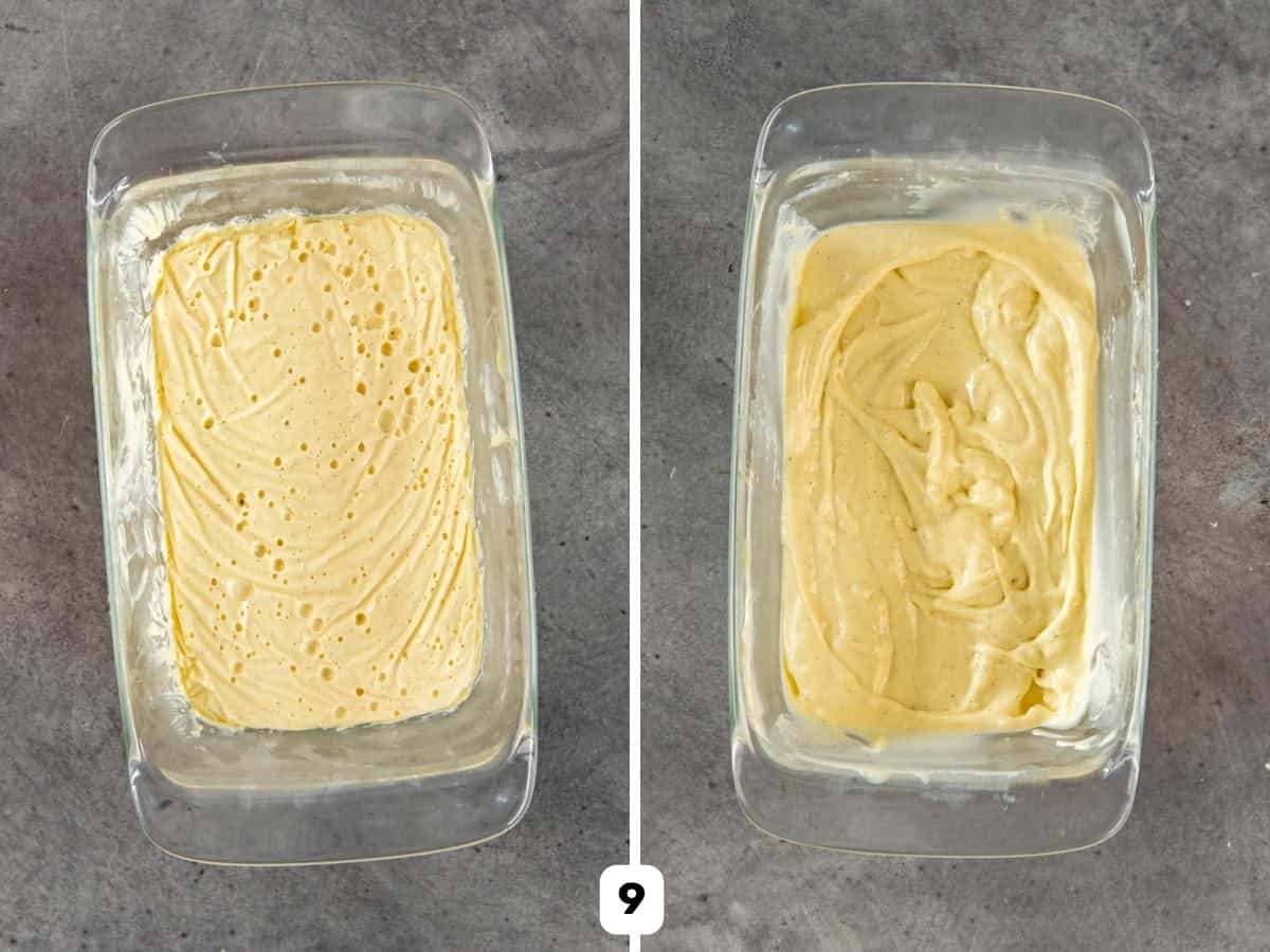 Chilled and set pastry cream in container, next to a chilled pastry cream that has been whisked, and has a softer texture.