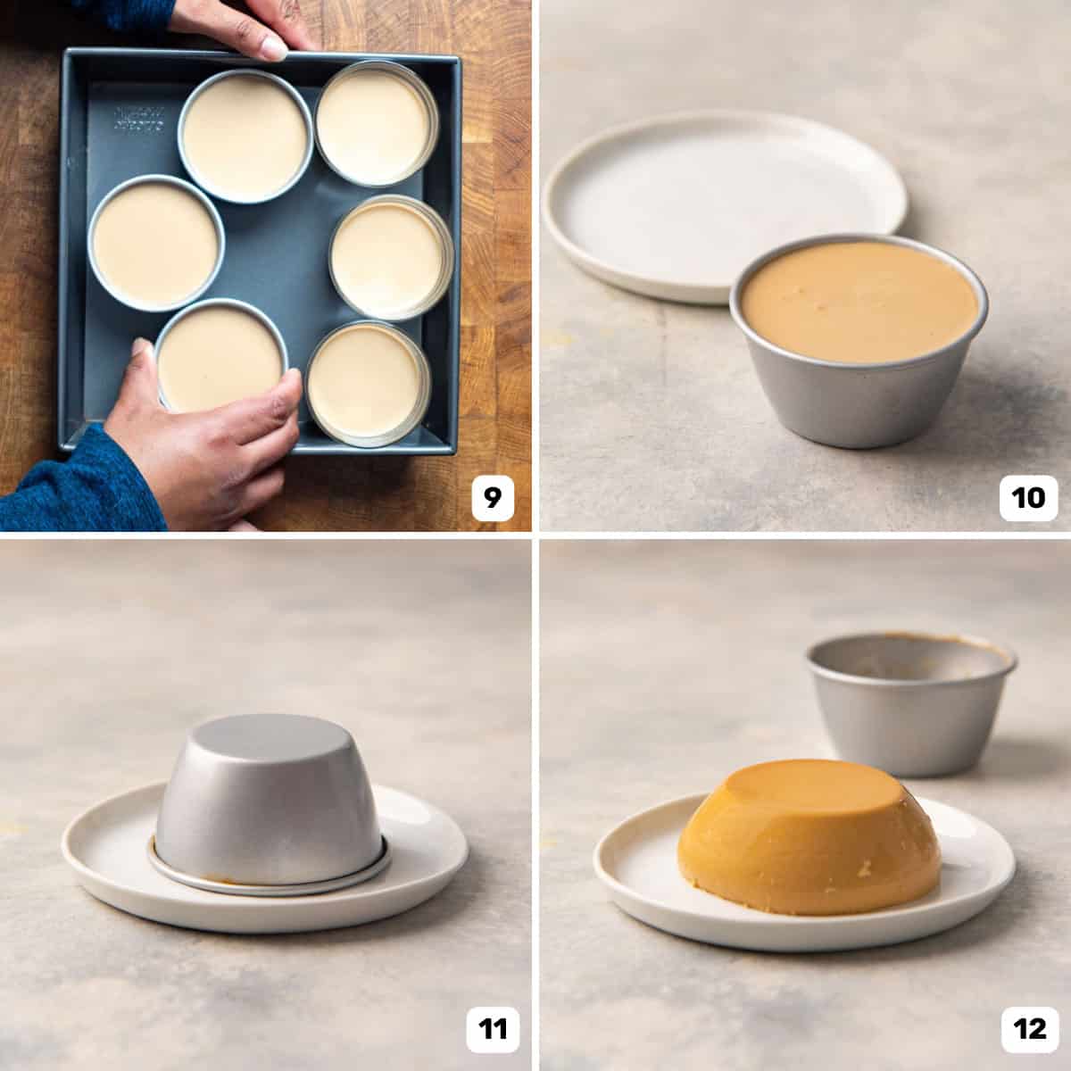 Unmolding chilled coffee panna cotta onto a small white serving plate.
