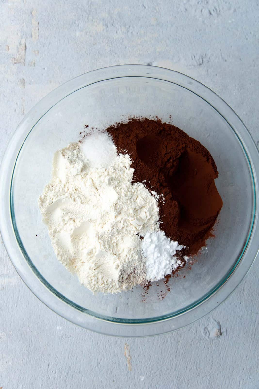 Dry ingredients for the chocolate cake in a bowl