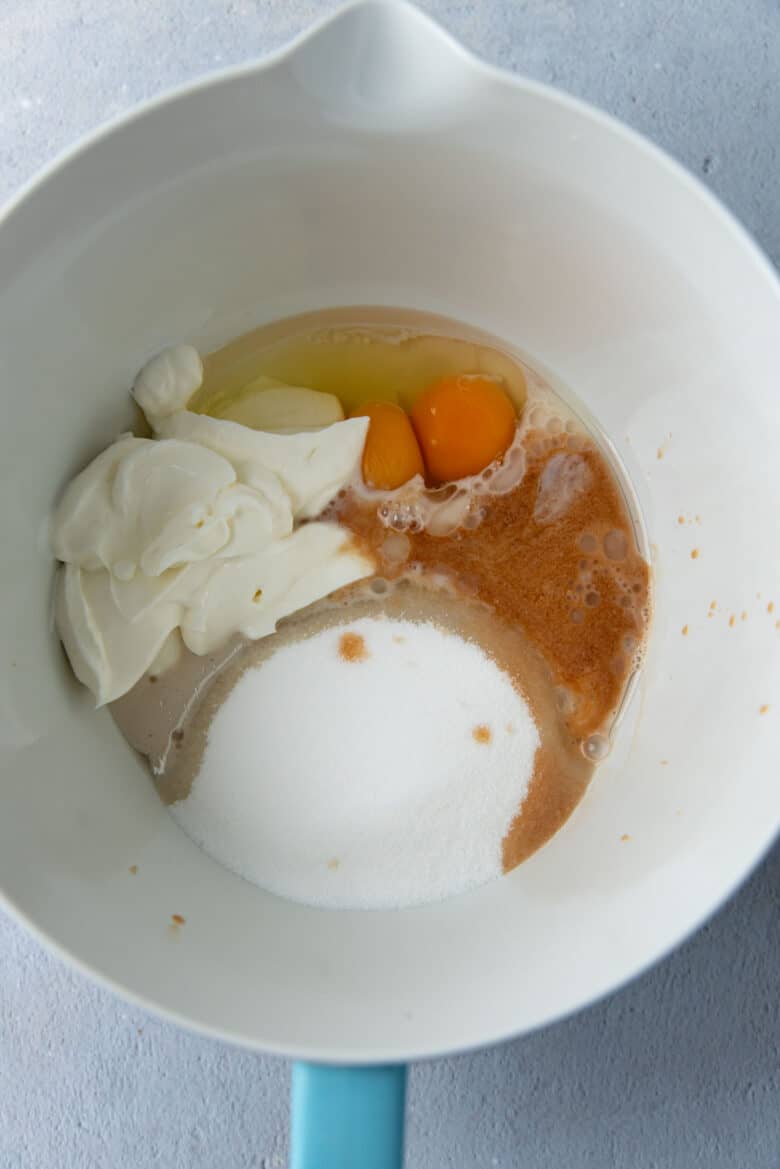 Wet ingredients for the chocolate bake in a bowl