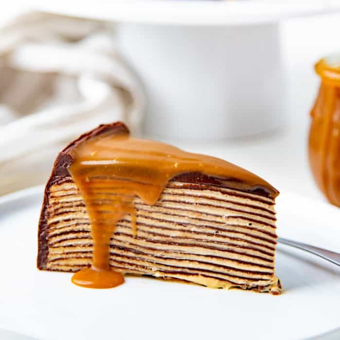 Salted caramel chocolate crepe cake social media