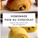 Flaky, golden brown chocolate croissant, and brushing the croissant pastry with egg wash before baking.