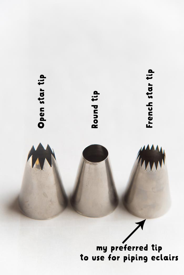 Different types of pastry tips for piping choux pastry. The best for eclairs, is the french star tip.