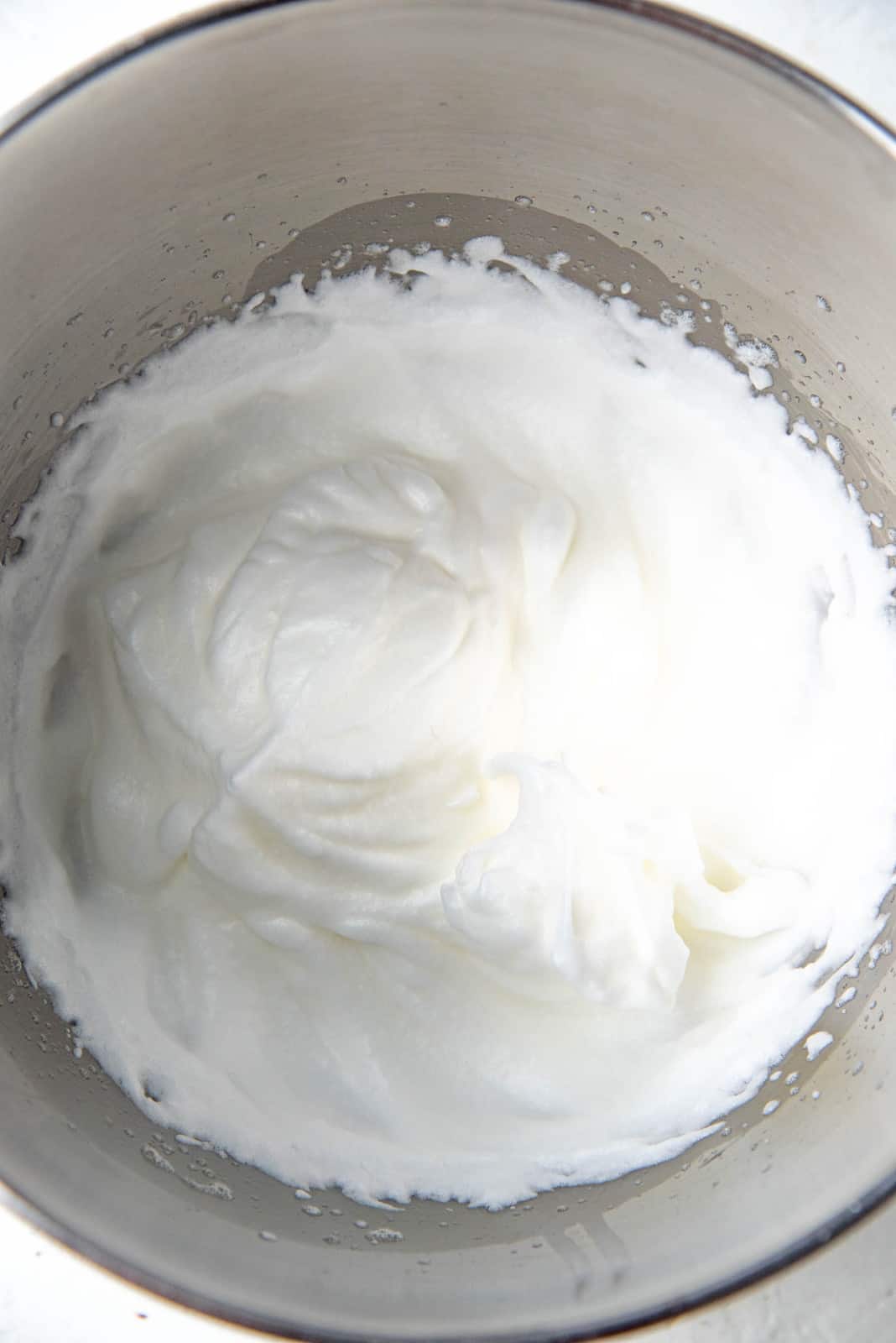 Whisked egg meringue in the mixing bowl