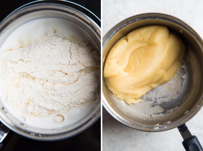 Making Perfect choux pastry step by step - Added the sifted flour and mix it into the boiling water. The second image is the dough mixed and being cooked in the saucepan.