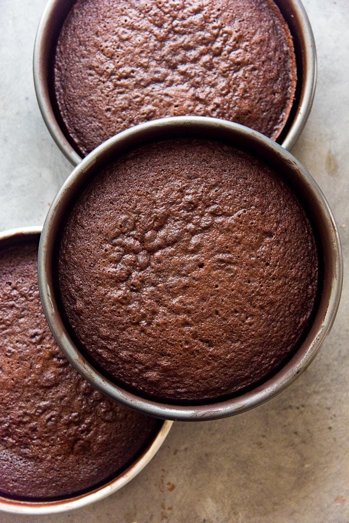 The baked Chocolate cake layers in the cake pan, waiting to be cooled slightly. 