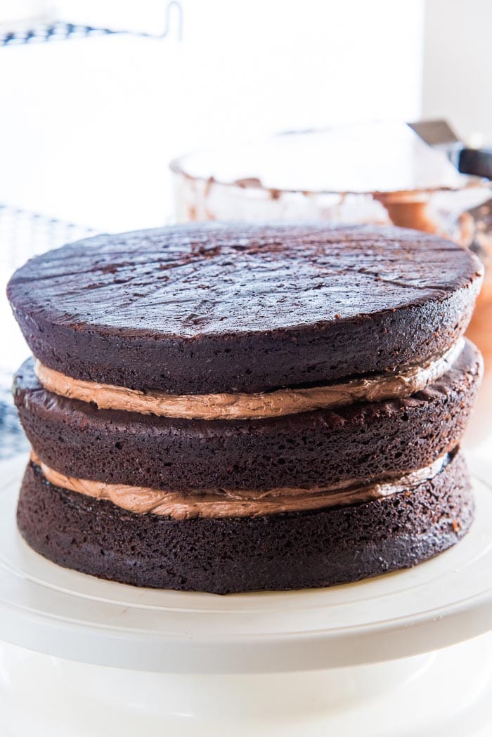 Repeat until all chocolate cake layers have been placed on top of each other.