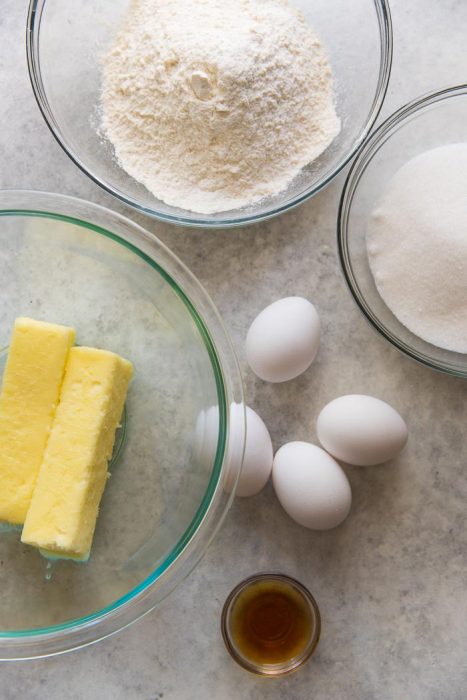 All the ingredients needed to make a classic pound cake. Make sure to measure and have all ingredients prepared before making the cake. 