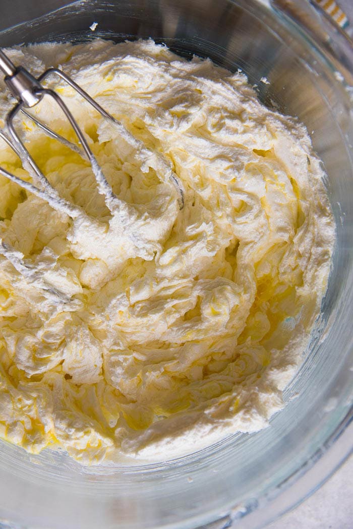Eggs being mixed into the cake batter. Make sure the yolks and whites are completely incorporated.