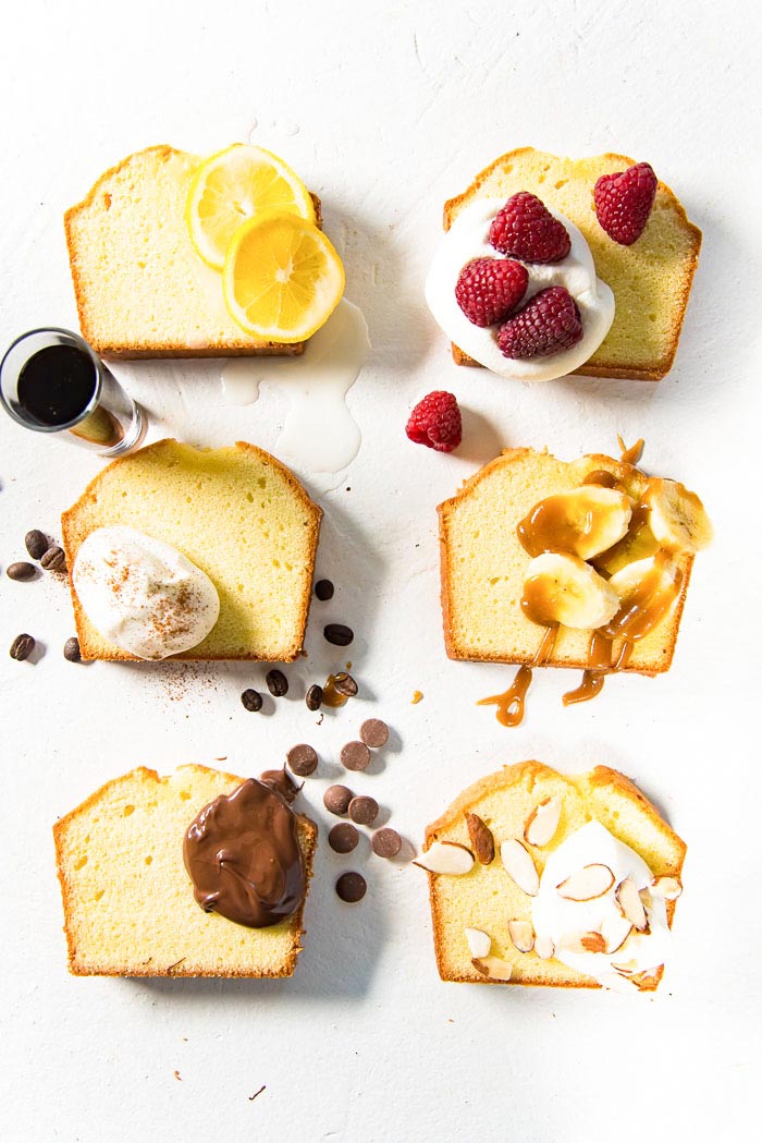  An overhead image of 6 slices of pound cake with creative and delicious ways to serve Classic Pound Cake. Lemon and Pound cake, Berries and Cream with Pound cake. Kahlua and cream with Pound Cake (Tiramisu). Banana, butterscotch and pound cake. Chocolate Hazelnut or Chocolate sauce and poundcake. Toasted nuts, whipped cream and pound cake. 