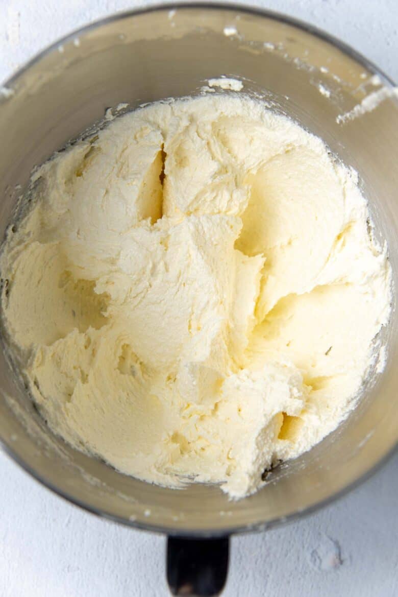 The butter and sugar creamed together in the mixing bowl to make the coffee cake