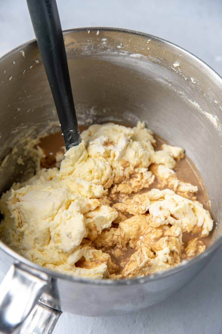 Alternating the coffee milk with the dry ingredients in the mixing bowl