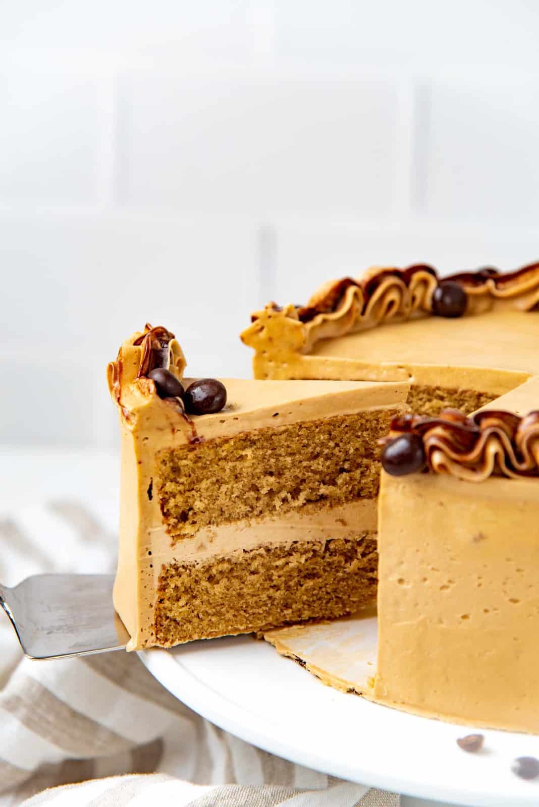 A slice of the cake pulled out of the cake