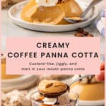 Creamy coffee panna cotta served on a small white plate and in a small glass.